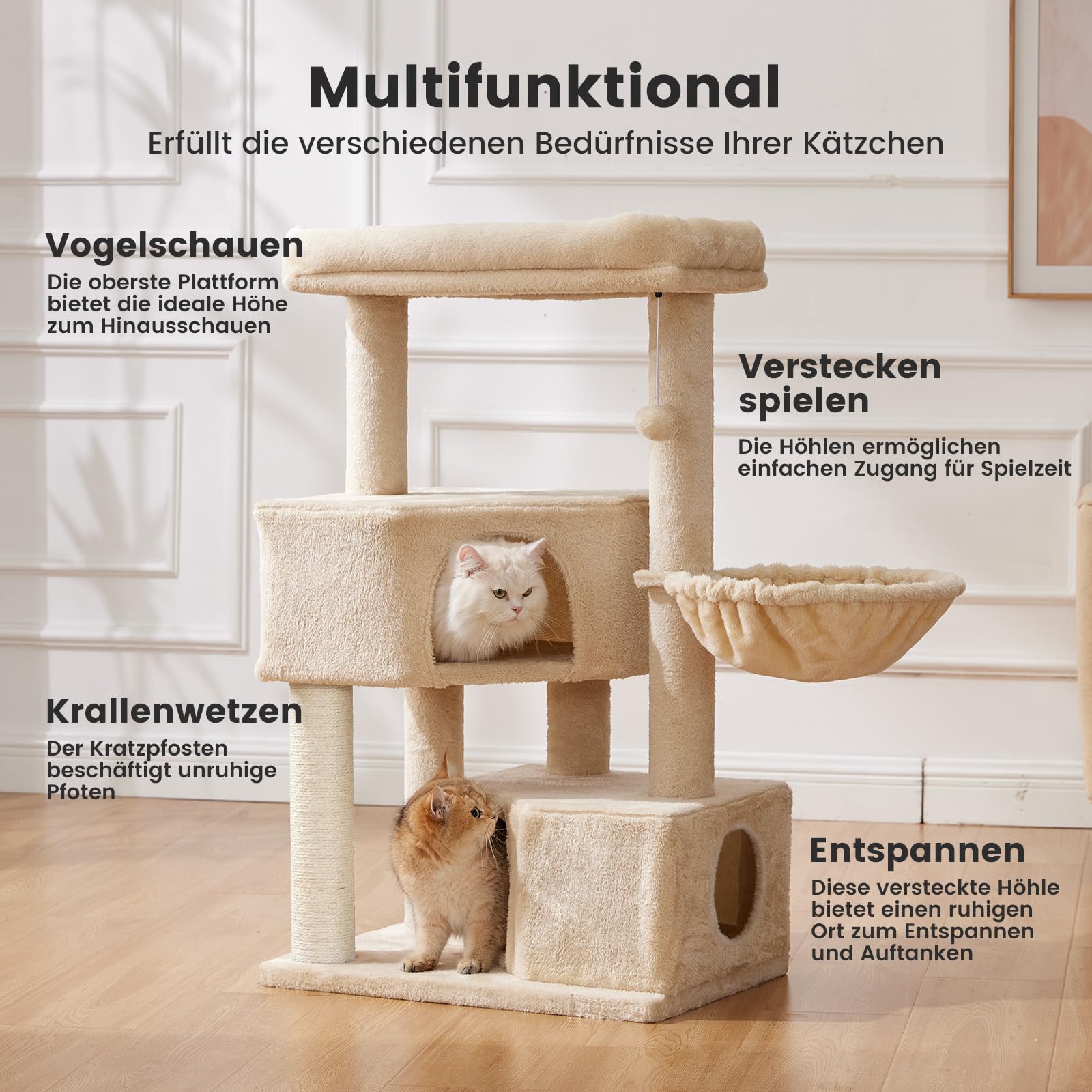 4-Tier Cat Scratching Post – Ultra Stable, 105cm, Beige, Tower with Platforms