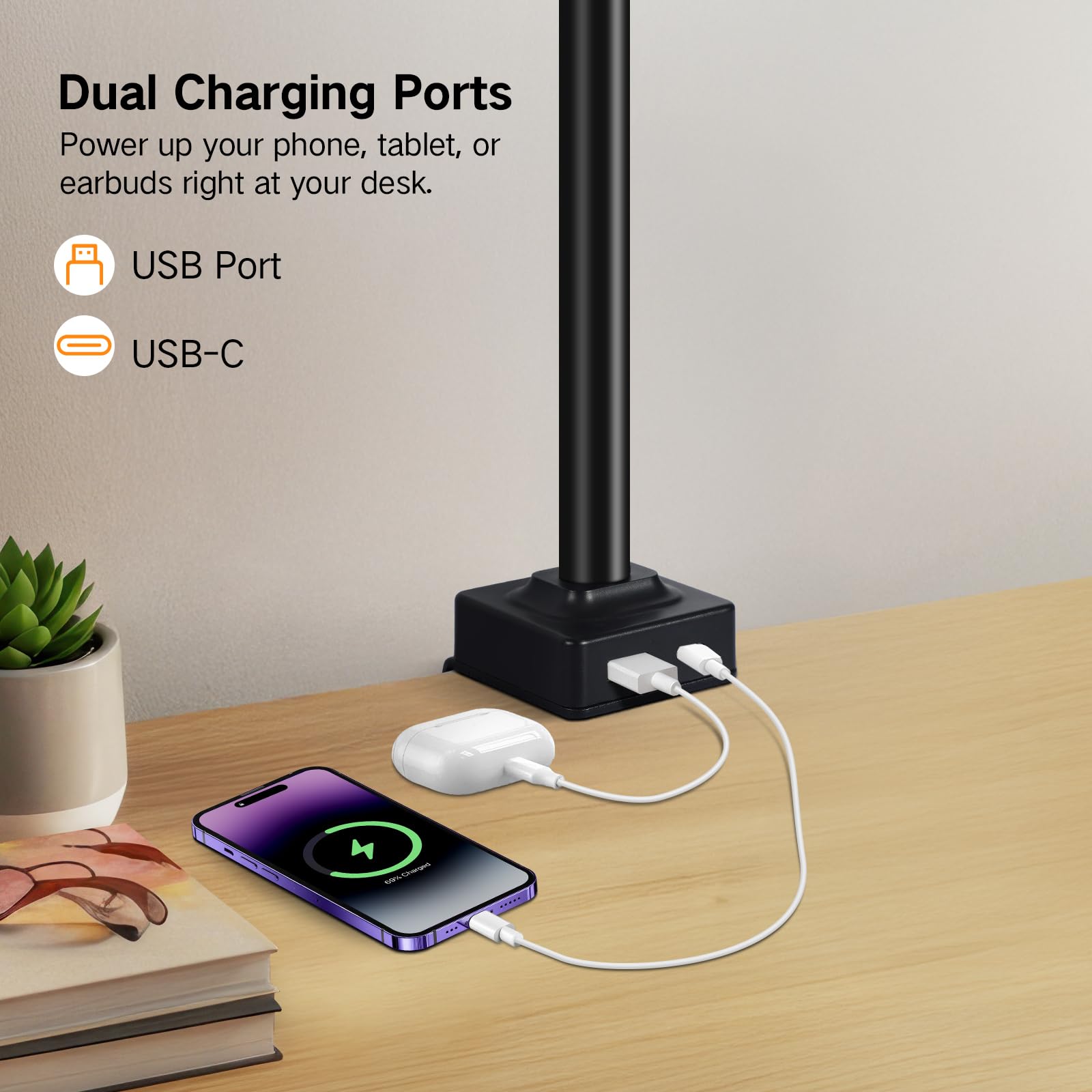 LED Desk Lamp with Touch Control USB-A and USB-C – Black