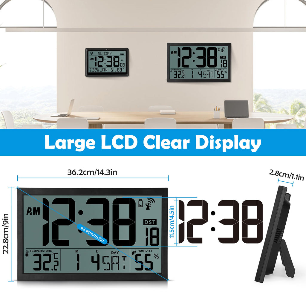 Digital Radio Wall Clock 16.7" with Temp. and Humidity Display – Black