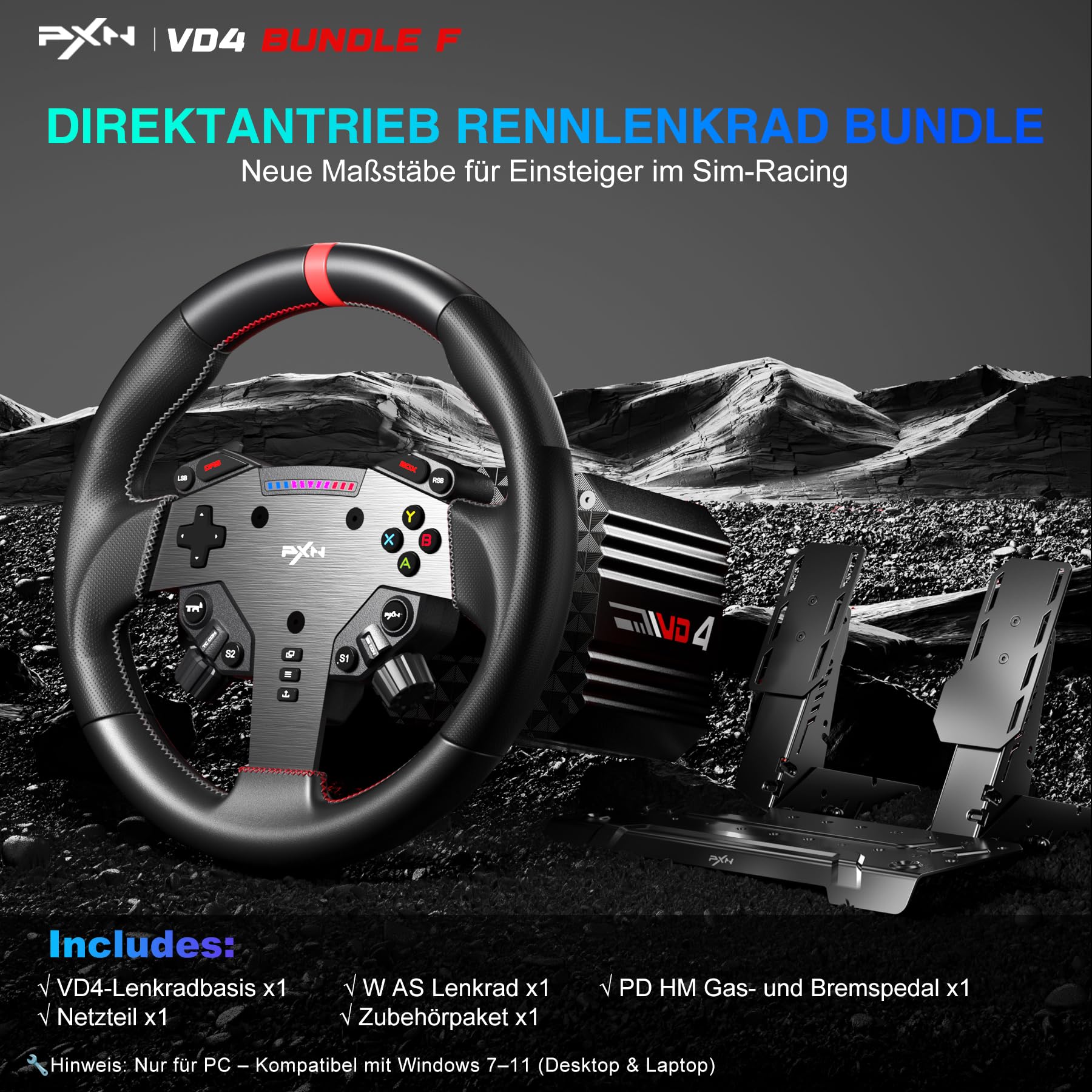 PXN-V10 Ultra Direct Drive Steering Wheel with Pedals – 3.2 Nm, Force Feedback, PC/PS4/Xbox