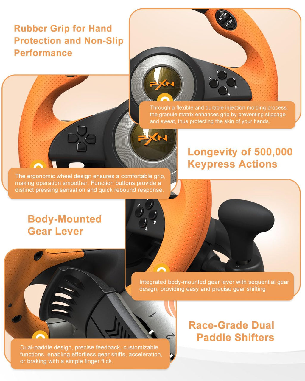 PXN V3 Pro Gaming Steering Wheel with Pedals – 180°, Vibration, Paddle Shift – Orange
