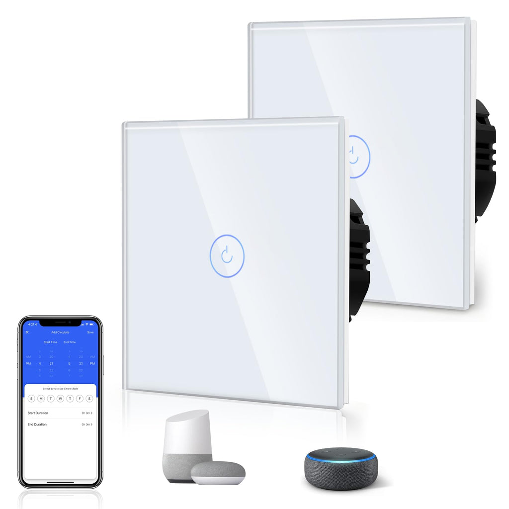 BSEED Wi-Fi Smart Touch Light Switch Glass 1 Gang 1 Way 2 Pack – White