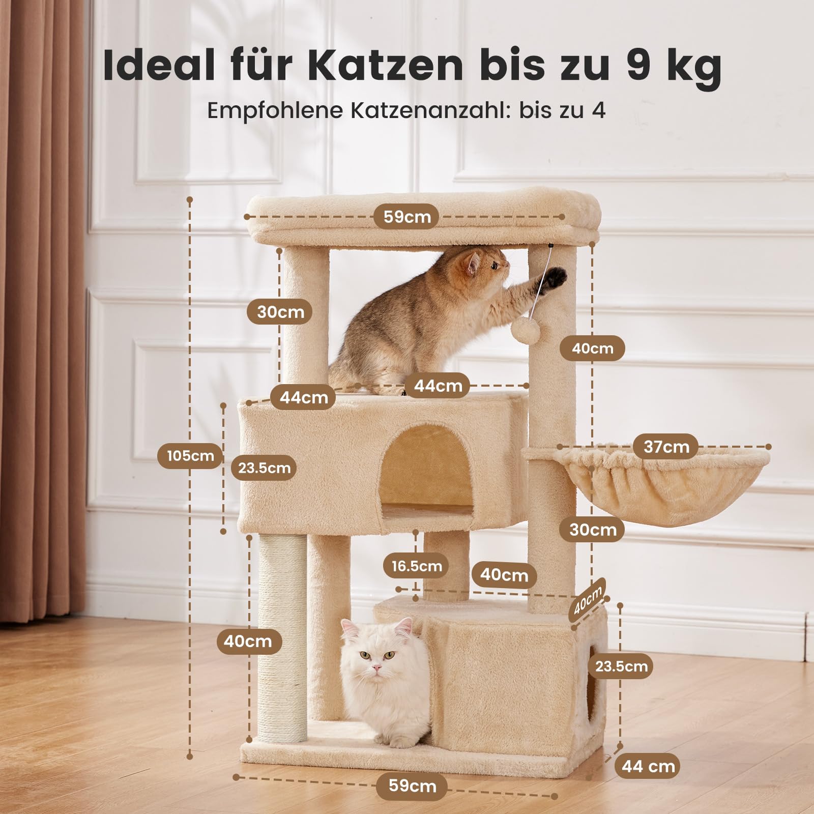 4-Tier Cat Scratching Post – Ultra Stable, 105cm, Beige, Tower with Platforms