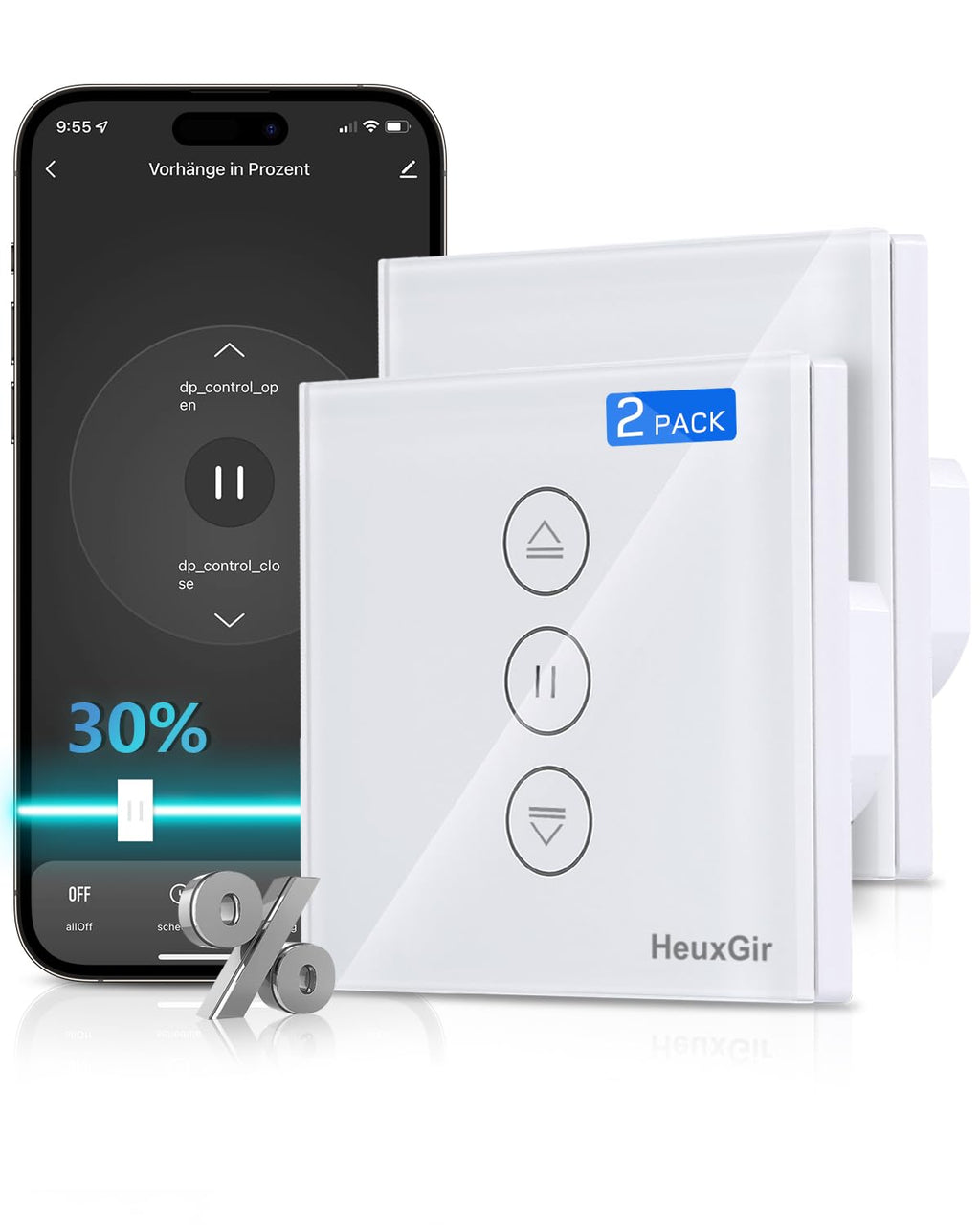 HEUXGIR Smart Roller Shutter Switch 2-Pack Smart Blind Control Compatible with Alexa/Google – 86mm