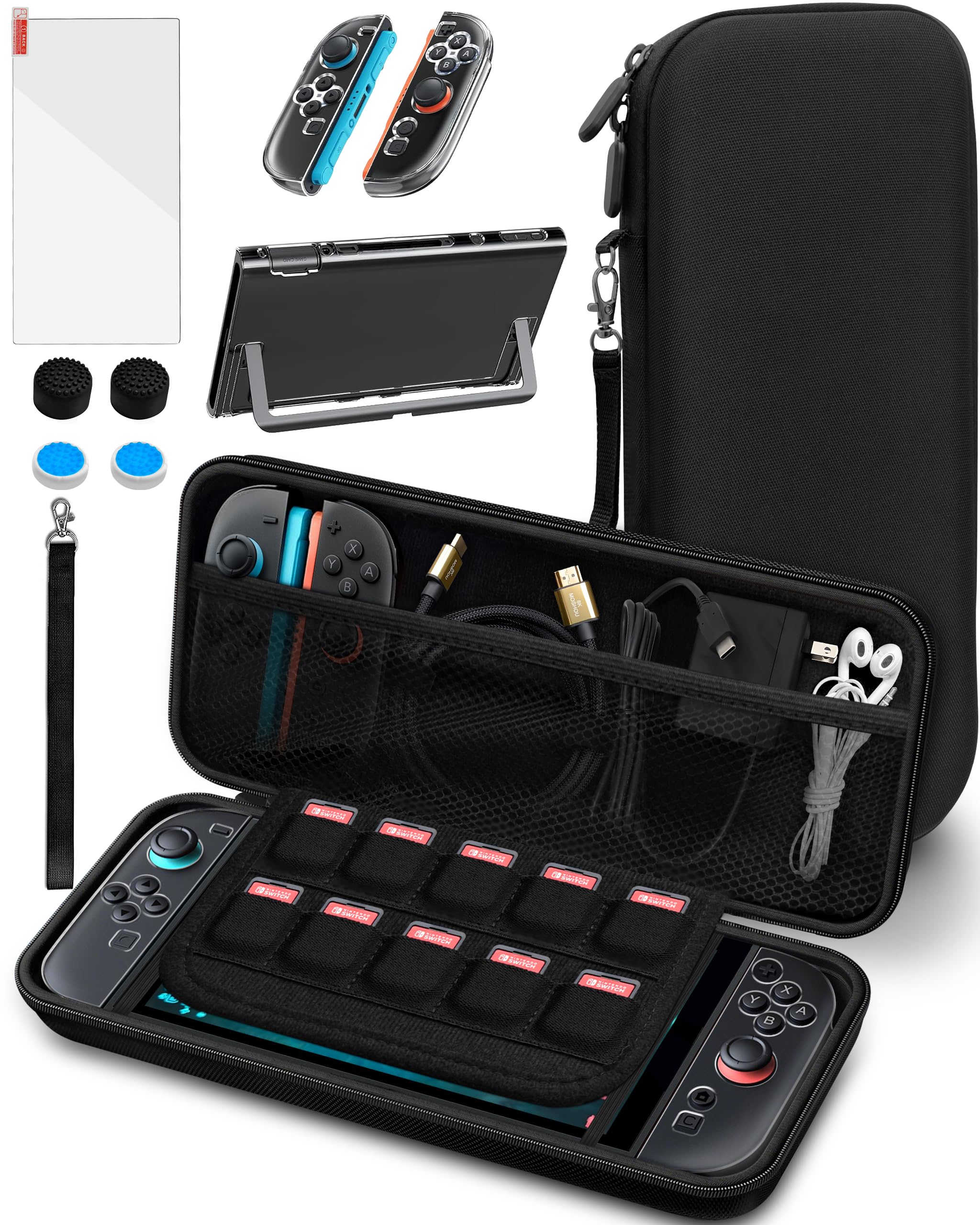 Joso Switch 2 Protective Case with Screen Protector and Accessories - Hard Black