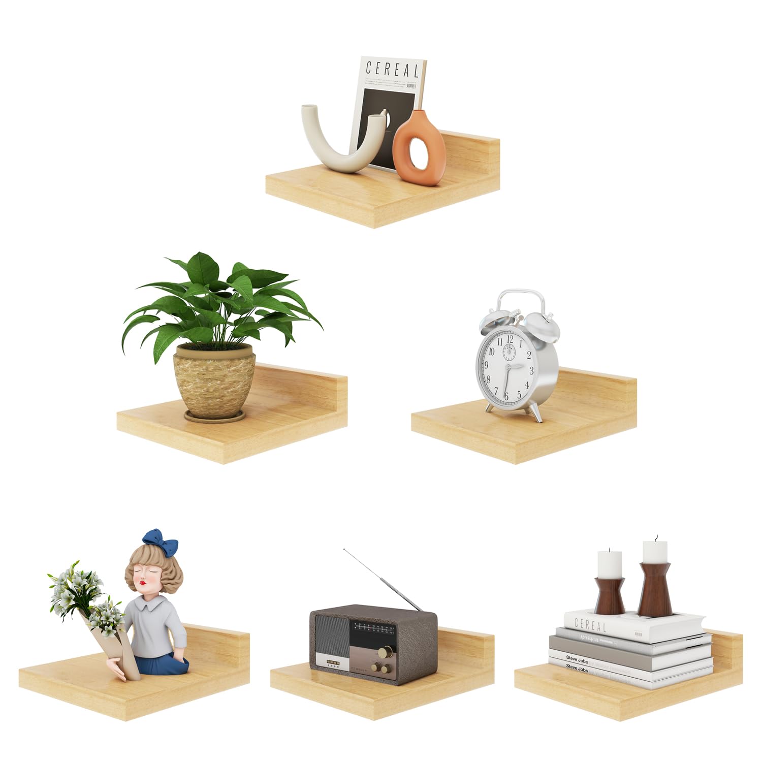 Small Floating Shelf Set of 6 Wooden Wall Shelves for Bedroom and Bathroom - Natural Wood